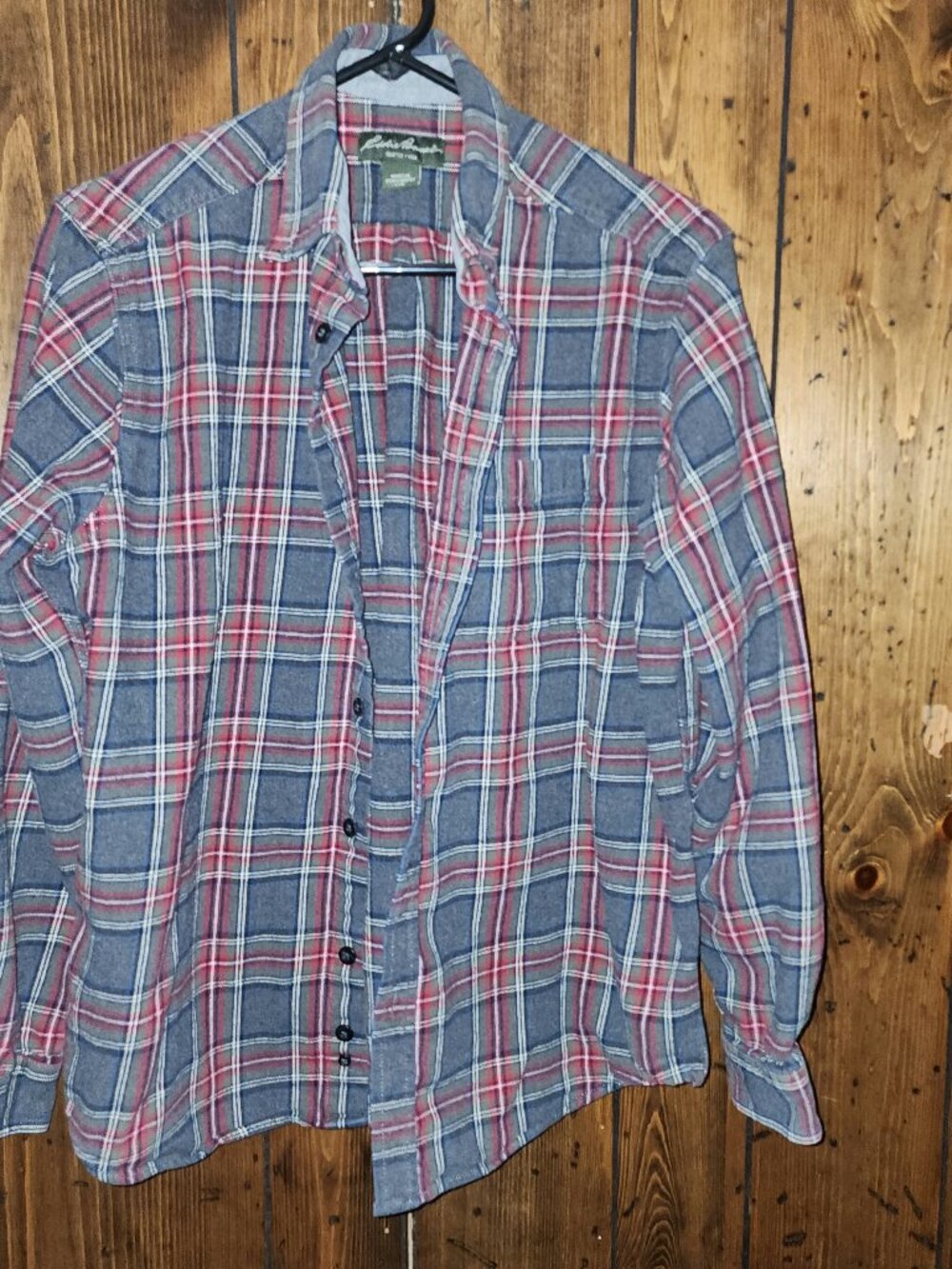 Eddie Bauer Plaid Flannel Button Down Shirt | Grey, Red & Blue | Size L